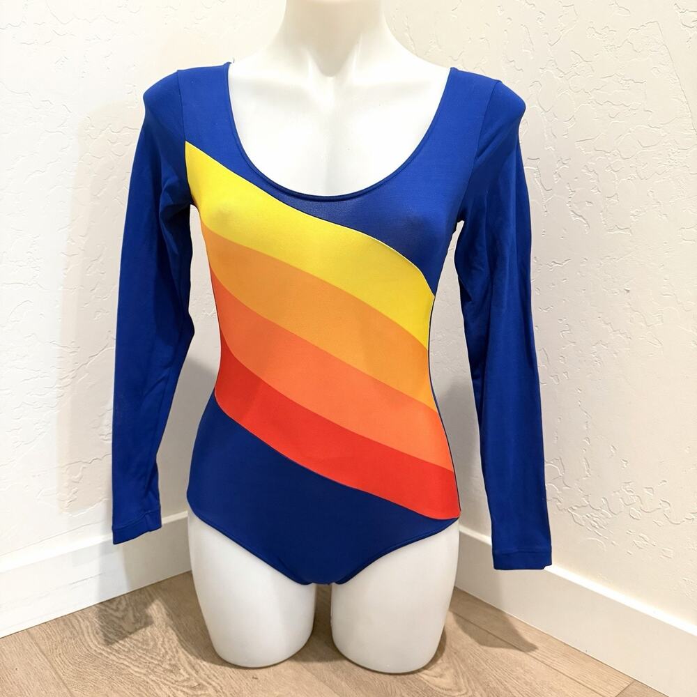 Vintage Danskin Long Sleeve Blue Rainbow Leotard Womens Small USA Gymnastics